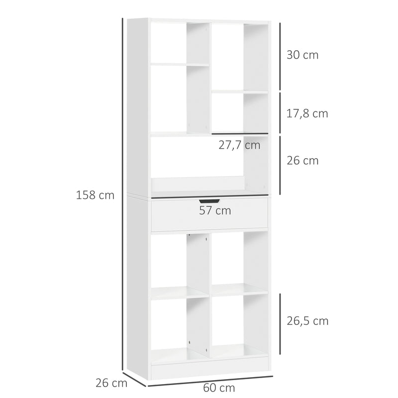 Estante de Madeira Estante para Livros com 1 Gaveta e 9 Compartimentos de Armazenamento Livraria para Sala de Estar Escritório Estúdio 60x26x158cm Branco