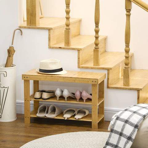 Banco Sapateira de Bambu Sapateira com Assento Organizador de Sapatos com 2 Prateleiras para 6-9 Pares de Sapatos para Entrada Sala de Estar Dormitório 70x28x45 cm Madeira
