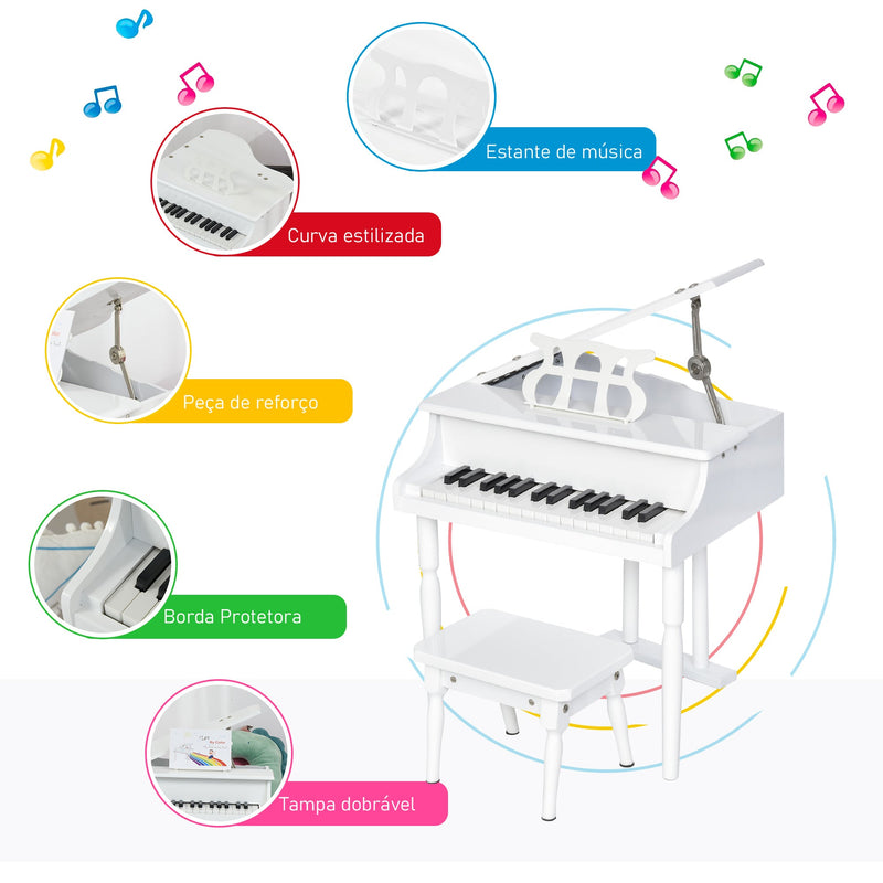 Mini piano infantil com banco 30 teclas com suporte para partitura 52x50x49 cm Branco