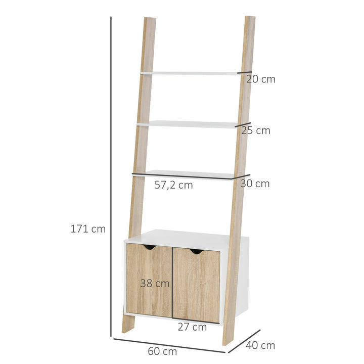 Estante em Forma de Escada de Madeira com 3 Prateleiras e 1 Armário Estante de Estilo Nórdico Moderno 60x40x171cm Carvalho e Branco