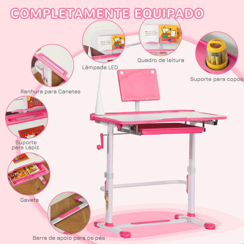 Conjunto de Secretária e Cadeira para Crianças acima de 3 Anos Secretária Infantil com Altura Ajustável Mesa Inclinável Gaveta Lâmpada LED e Suporte para Lápis 80x49,5x80-105cm e 36x34x60-73cm Rosa