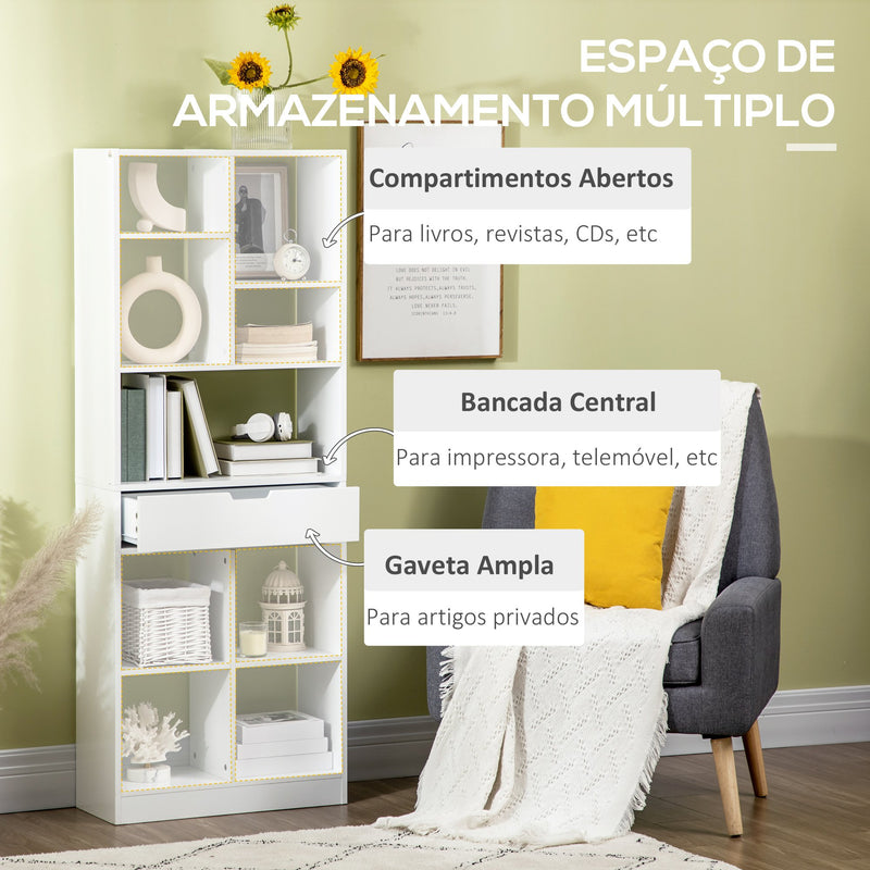 Estante de Madeira Estante para Livros com 1 Gaveta e 9 Compartimentos de Armazenamento Livraria para Sala de Estar Escritório Estúdio 60x26x158cm Branco