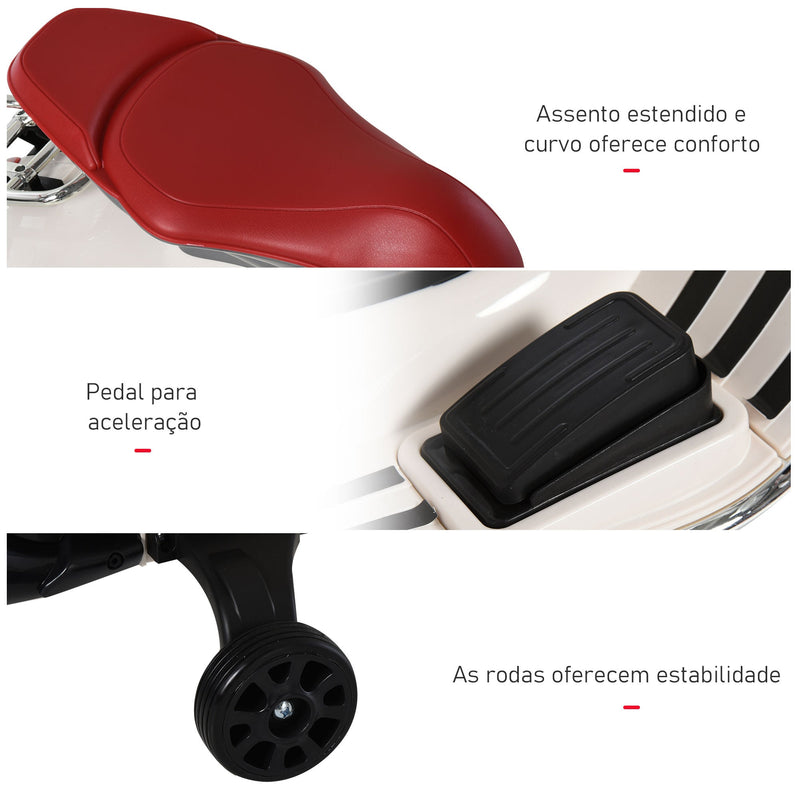 Mota elétrica infantil Vespa para crianças acima de 3 Anos com Faróis Música 2 Rodas Auxiliares 108x49x75 cm Branco