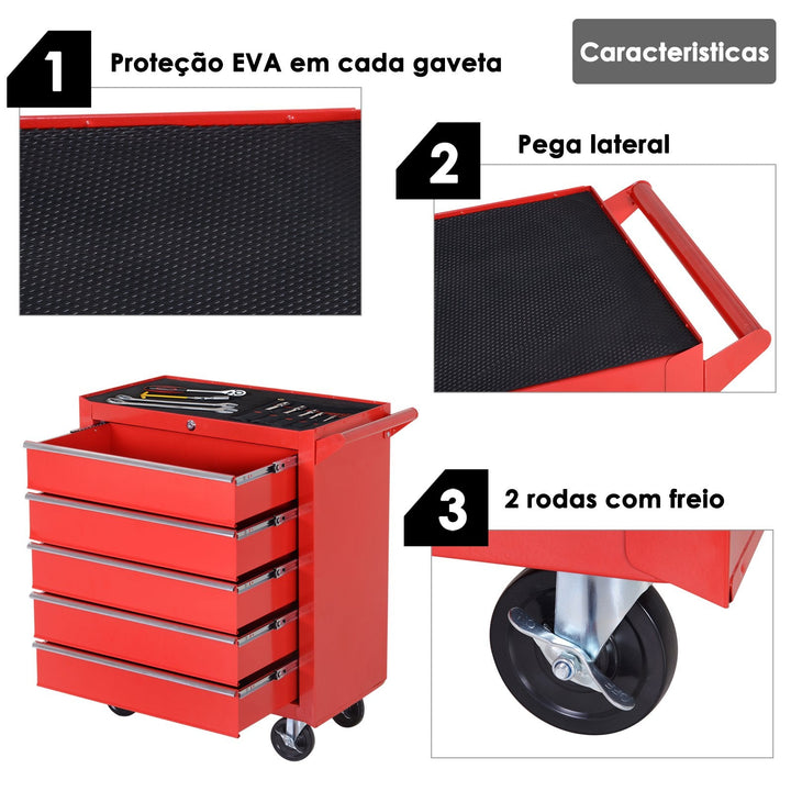 Carrinho de ferramentas com rodas 5 gavetas em chapa de aço 69x33x77.2cm