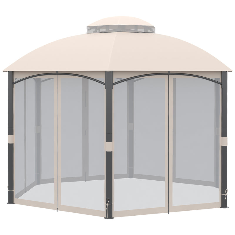 Pérgola de Jardim Hexagonal 4x4m Pérgola de Exterior com Teto Duplo de Ventilação 6 Cortinas Laterais 6 Telas Mosquiteiras com Zíper para Festas Pátio Cáqui