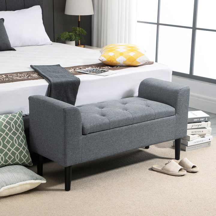 Banco para Pé de Cama Acolchoado com Espaço de Armazenamento Banco Multifuncional com Braços Tampa e Pés de Madeira para Dormitórios Sala de Estar 116x44x58 cm Cinza