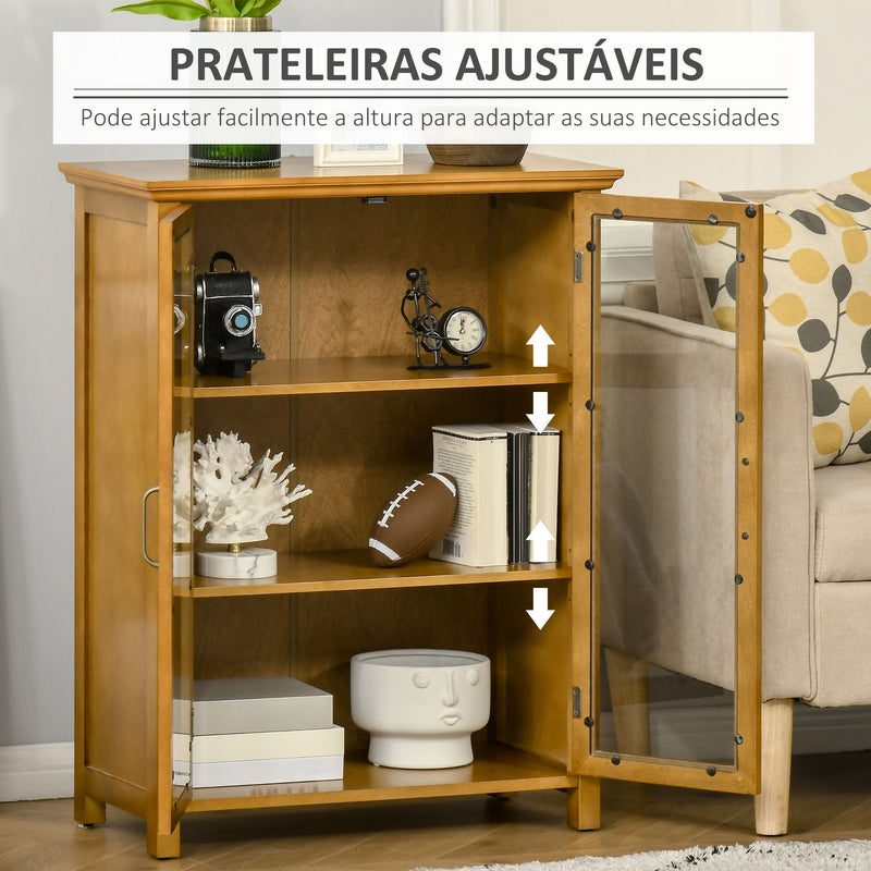 Aparador Auxiliar com 2 Portas de Vidro Armário de Sala de Estar Múltiuso com 2 Prateleiras Interiores Ajustáveis Estilo Rústico para Cozinha Sala de Jantar 66x31,8x86,8 cm Nogueira