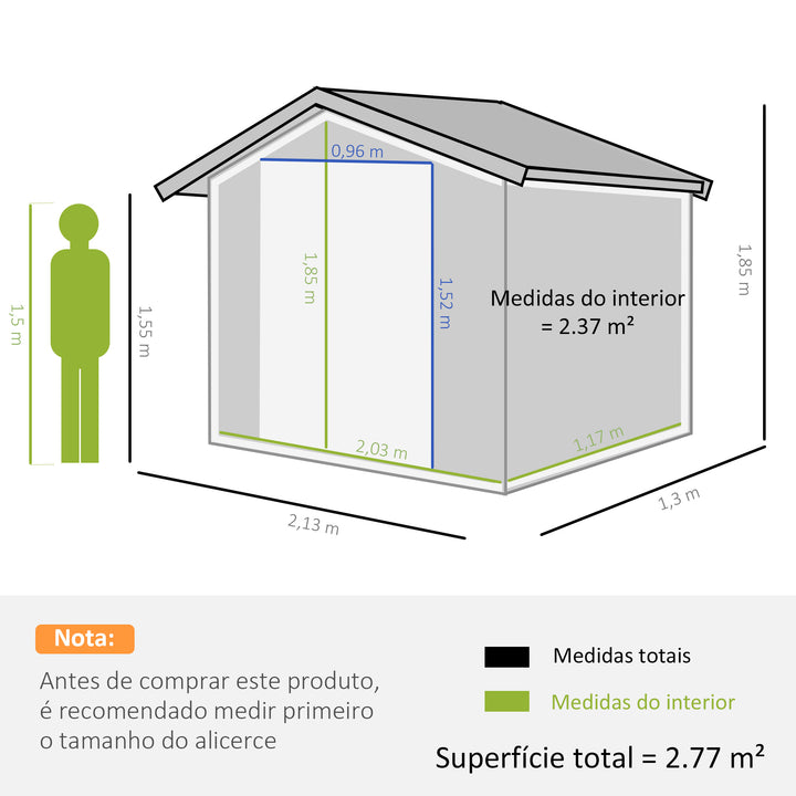 Abrigo de Jardim 213x130x185cm Abrigo de Jardim Metálico de Exterior para Armazenamento de Ferramentas com 2 Portas Deslizantes e 4 Janelas para Terraço Cinza Escuro