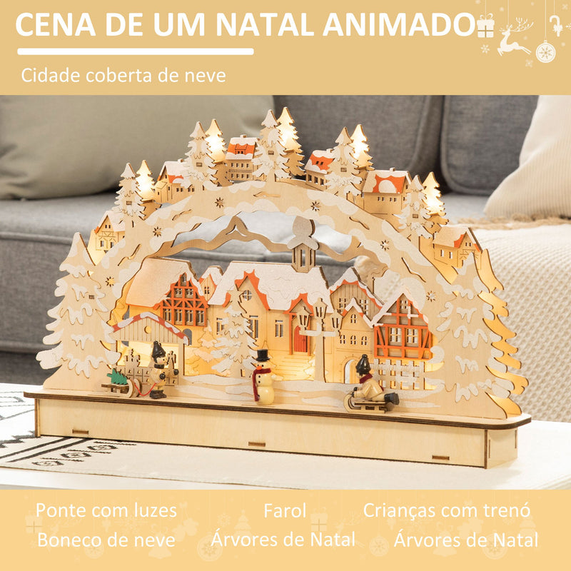 Casa de Vila Natal com 12 Luzes LED Cena Natalícia Iluminada Decoração de Natal para Escritório Mesa Lareira 45x7x28cm Madeira