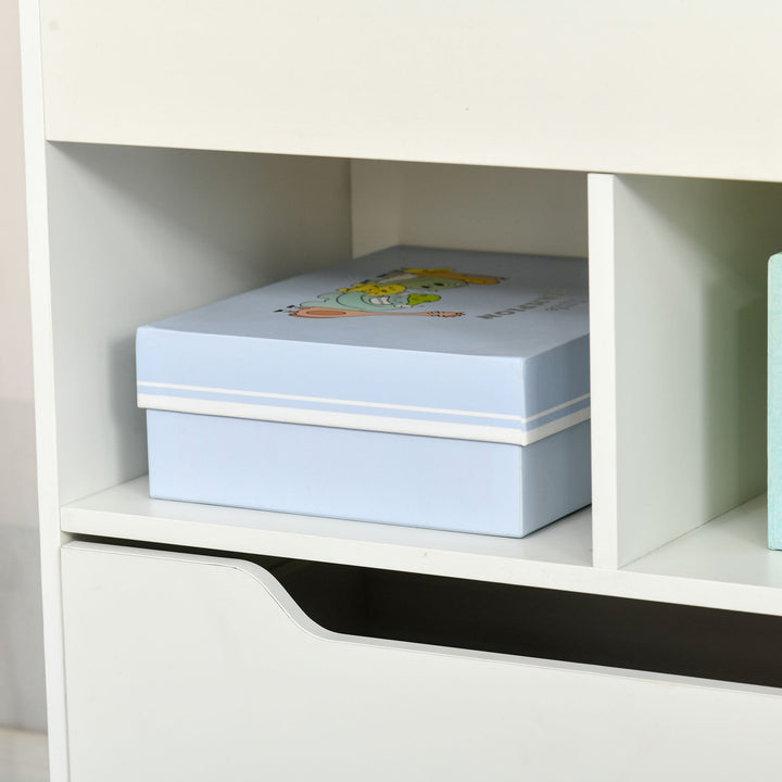 Estante de Madeira para Brinquedos com 3 Compartimentos 2 Cubos e Gaveta Móvel com 4 Rodas Estante para Livros Infantil para Dormitório Infantil Sala de Jogos 60x29,9x90cm Branco