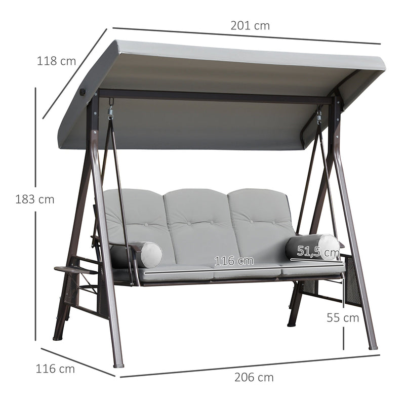 Banco Baloiço de Jardim de 3 Lugares com Teto 2 Almofadas Suporte para Bebidas e Estrutura de Metal para Terraço Balcão Exterior Carga Máxima 360kg 206x116x183cm Cinza