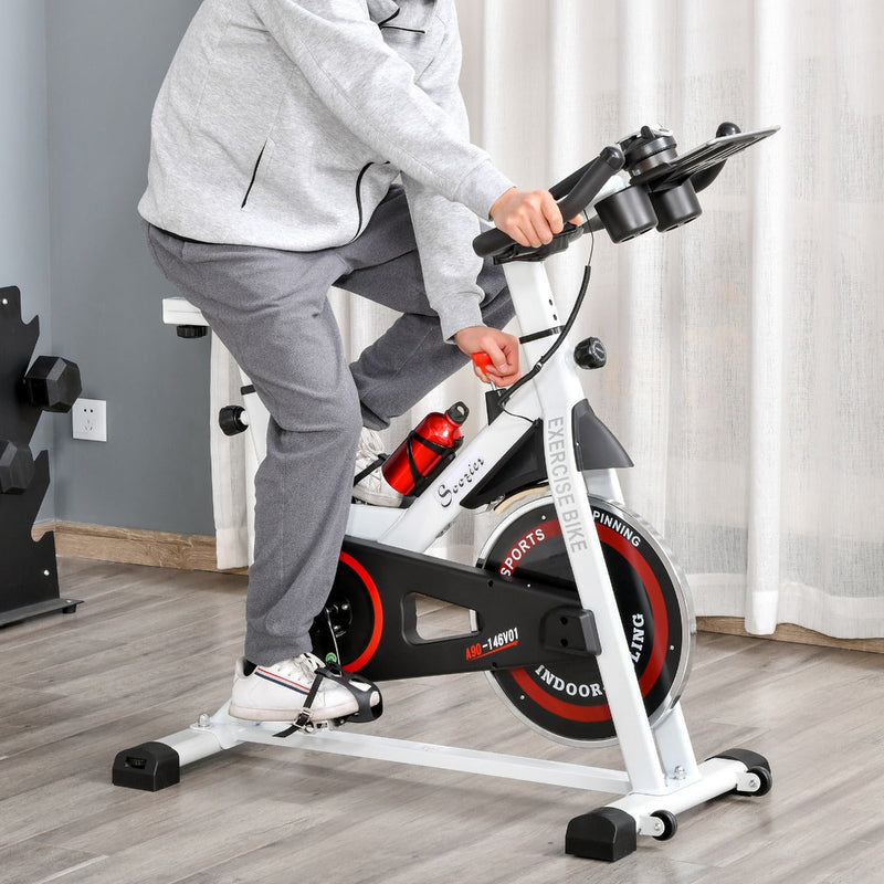 Bicicleta estática Spinning com tela LCD Sela ajustável Volante 8 kg Carga 100 kg 103x53x105-117,5 cm Branco