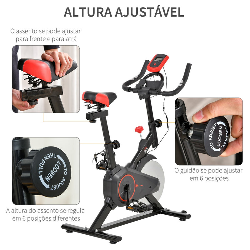 Bicicleta Estática Spinning com Monitor LCD Volante de Inércia de 6kg Assento e Guidão com Altura Ajustável Resistência Regulável 85x46x114cm Preto e Vermelho