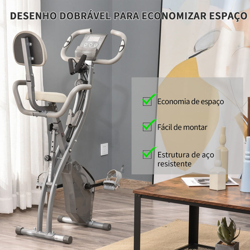 Bicicleta Estática Dobrável com Altura e Resistência Ajustáveis com Tela LCD e Assento com Encosto 51x97x115cm Cinza