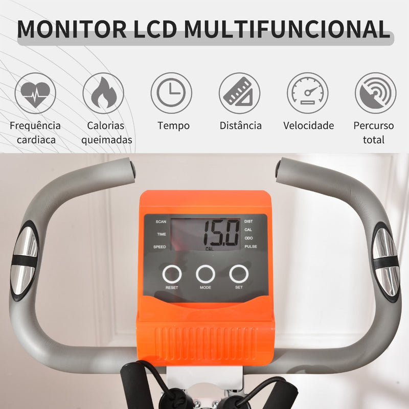 Bicicleta Estática Dobrável com Altura e Resistência Ajustáveis com Tela LCD e Assento com Encosto 51x97x115cm Laranja