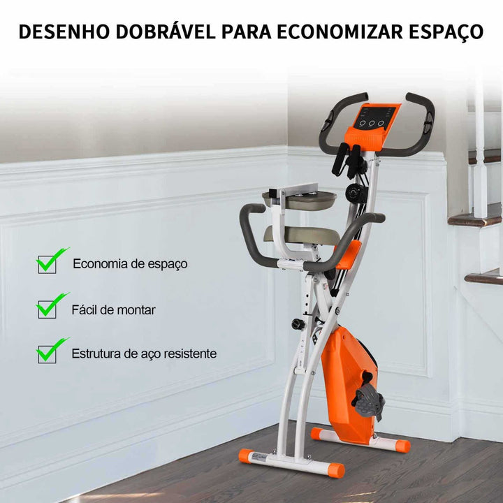 Bicicleta Estática Dobrável com Altura e Resistência Ajustáveis com Tela LCD e Assento com Encosto 51x97x115cm Laranja