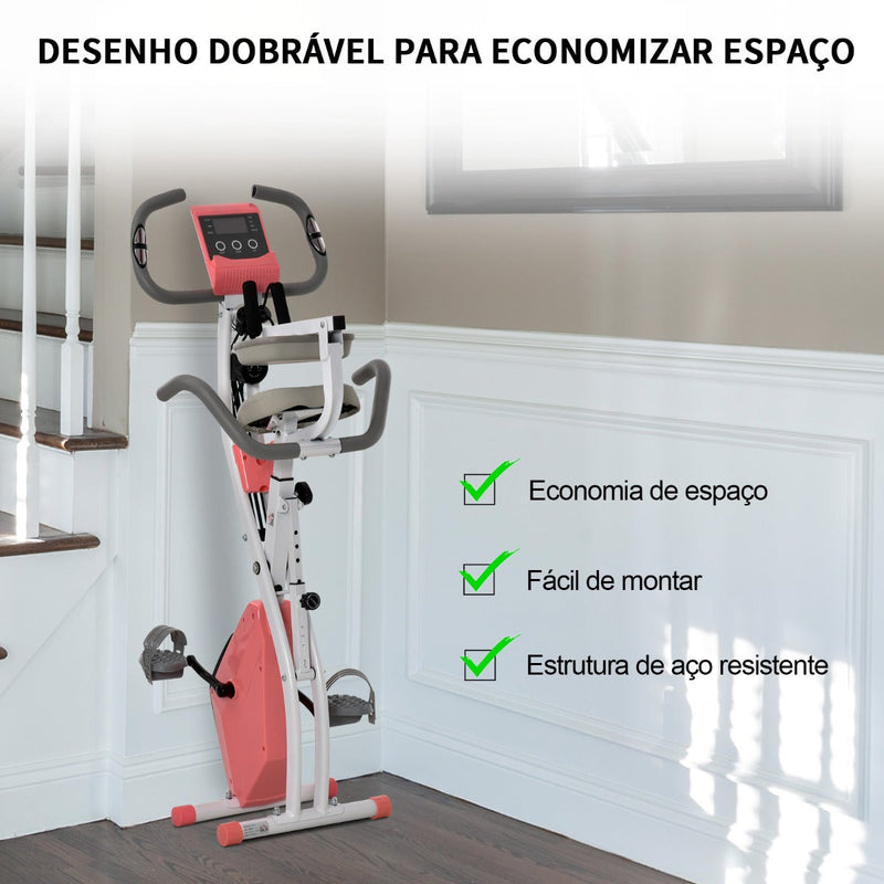 Bicicleta Estática Dobrável com Altura e Resistência Ajustáveis com Tela LCD e Assento com Encosto 51x97x115 cm Rosa