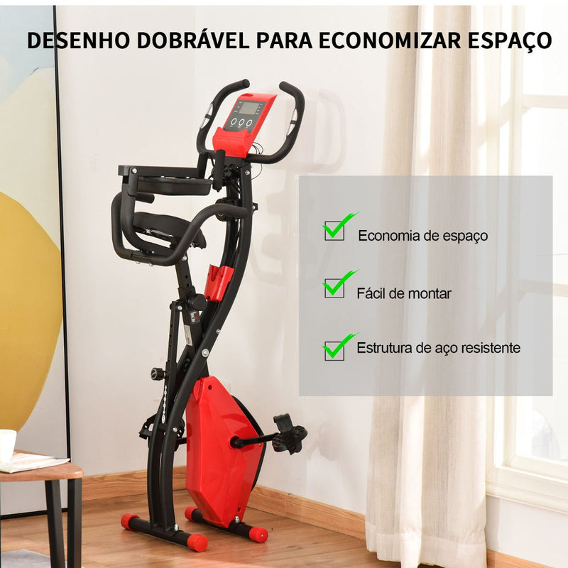 Bicicleta Estática Dobrável com Altura e Resistência Ajustáveis com Tela LCD e Assento com Encosto 51x97x115cm Vermelha