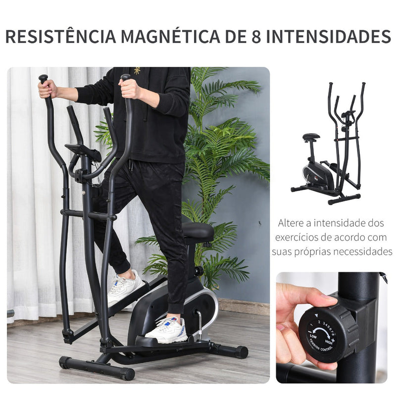 Bicicleta elíptica de fitness com Resistência Magnética Ajustável Tela LCD Sela Ajustável Monitor de Frequência Cardíaca e Volante 3 kg 103x62x151 cm Preto