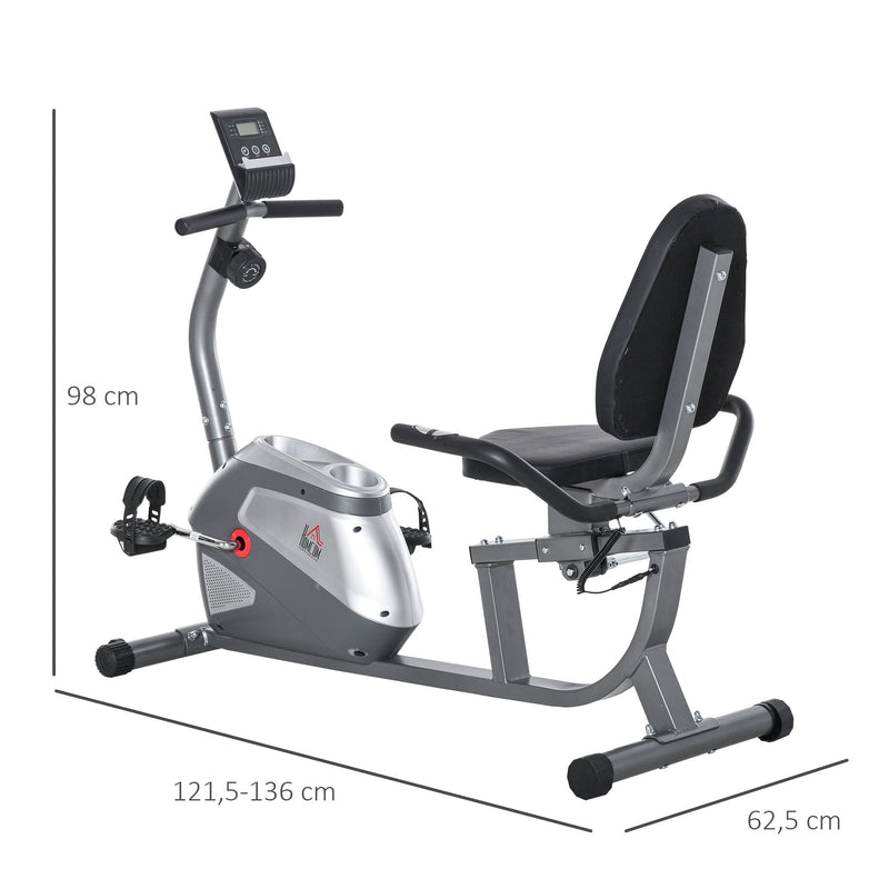 Bicicleta ergométrica reclinável com tela LCD e volante de 3 kg resistência magnética de 8 níveis assento ajustável 121,5-136x62,5x98 cm cinza