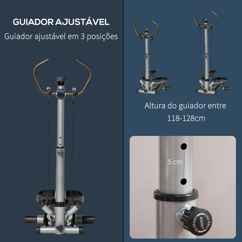 Máquina de Step Fitness com Guiador Ajustável em Altura Tela LCD Bandas Elásticas Pedais Antiderrapantes Equipamento de Exercício para Academia em Casa 55x53x118-128cm Prata