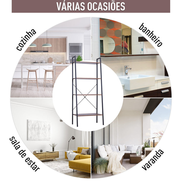 Prateleira de estante de escada industrial com 4 prateleiras escalonado 60x35x145cm aço e madeira