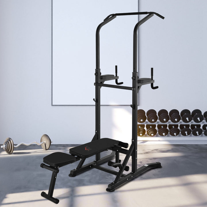 Estação de Musculação Torre de Treinamento Altura Ajustável com Barra de Flexões e Banco Dobrável para Fitness em Casa Academia Carga 150kg 99x178x230cm Preto