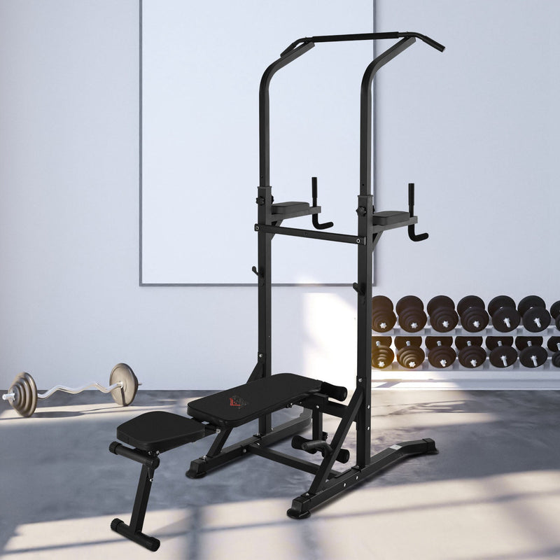 Estação de Musculação Torre de Treinamento Altura Ajustável com Barra de Flexões e Banco Dobrável para Fitness em Casa Academia Carga 150kg 99x178x230cm Preto