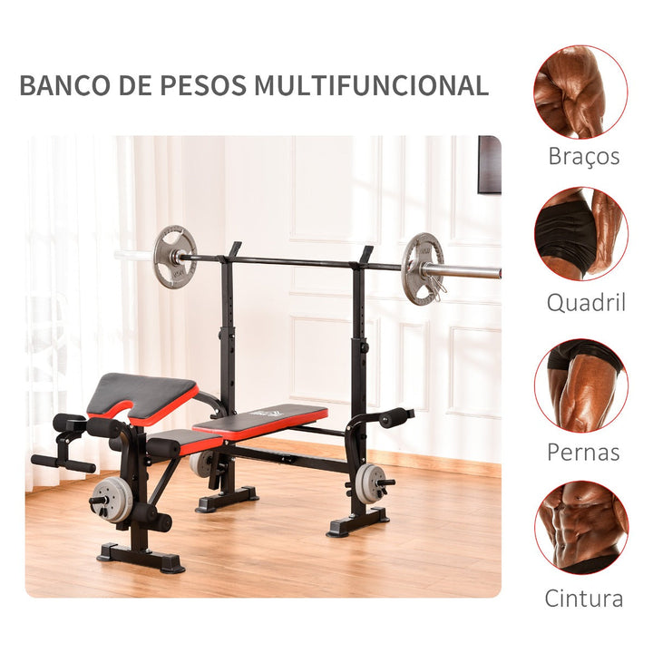Banco de Pesos Multifuncional Banco de Musculação com Encosto Ajustável Suporte de Barras para Fitness Treinamento Completo 105x150x112cm Preto