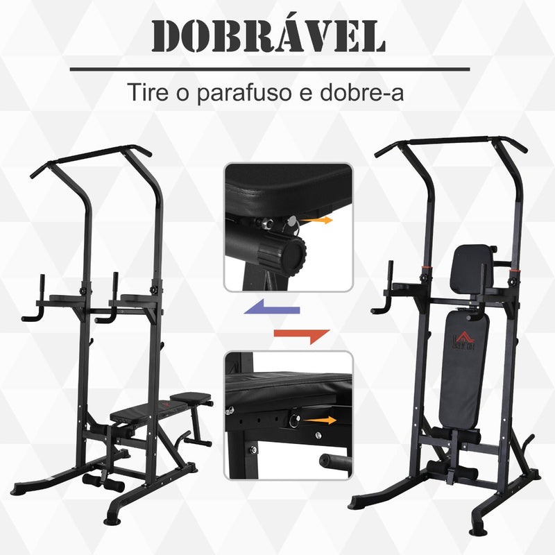 Estação de Musculação Torre de Treinamento Altura Ajustável com Barra de Flexões e Banco Dobrável para Fitness em Casa Academia Carga 150kg 99x178x230cm Preto