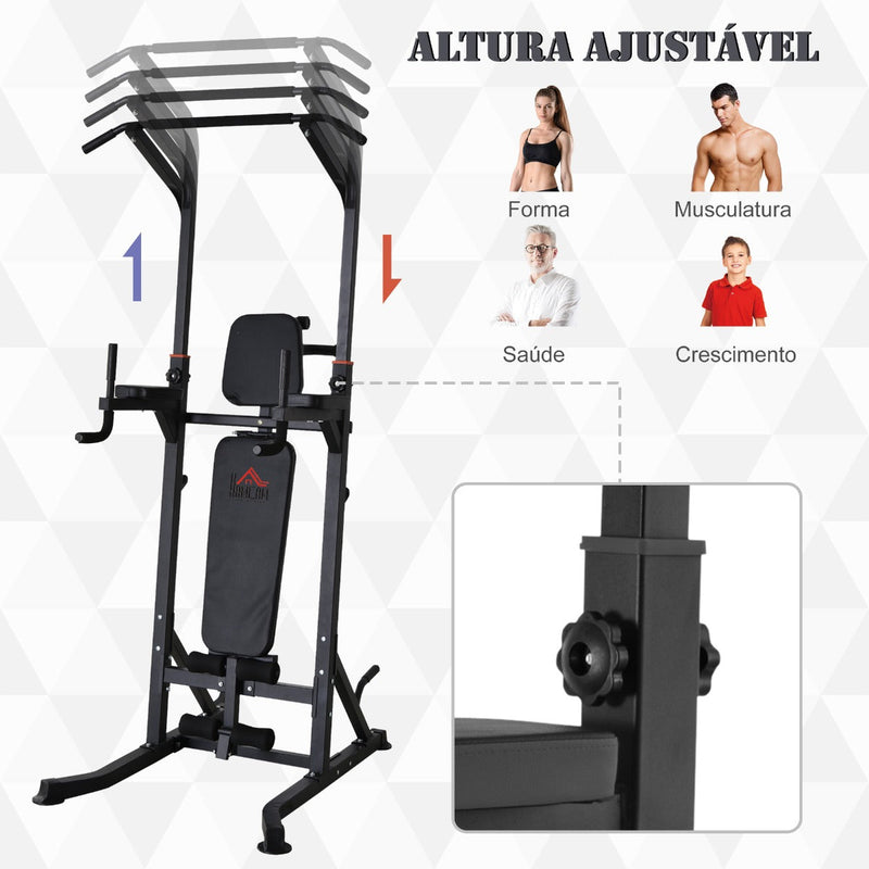 Estação de Musculação Torre de Treinamento Altura Ajustável com Barra de Flexões e Banco Dobrável para Fitness em Casa Academia Carga 150kg 99x178x230cm Preto