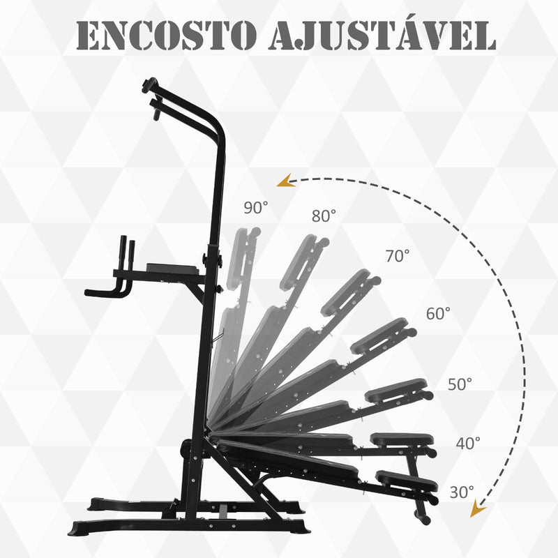 Estação de Musculação Torre de Treinamento Altura Ajustável com Barra de Flexões e Banco Dobrável para Fitness em Casa Academia Carga 150kg 99x178x230cm Preto