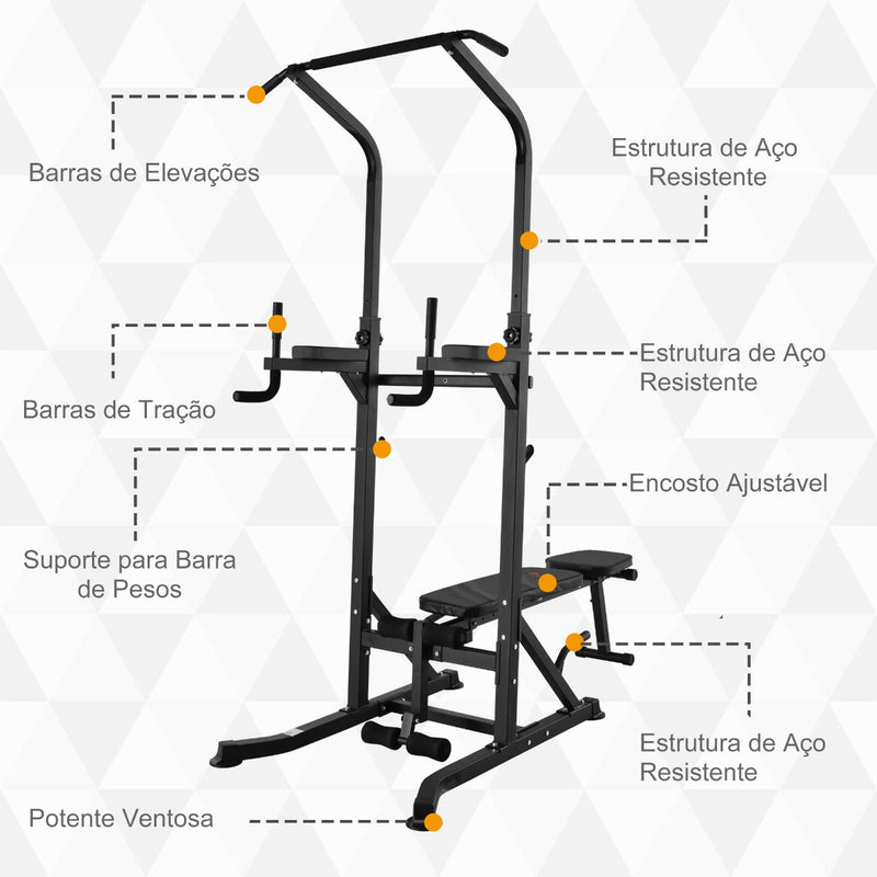 Estação de Musculação Torre de Treinamento Altura Ajustável com Barra de Flexões e Banco Dobrável para Fitness em Casa Academia Carga 150kg 99x178x230cm Preto