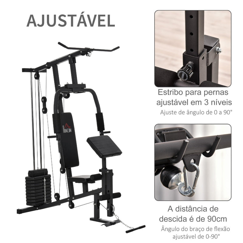 Multi Estação de Musculação Máquina de Musculação com Estribo para Pernas e Placas de Peso de 45kg para Treinamento Fitness em Casa Academia 148x108x207cm Preto