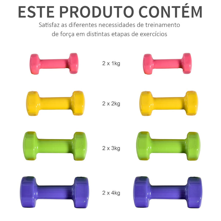 Jogo de 8 Halteres Hexagonais 4 Pares 4kg 3kg 2kg 1kg com Revestimento Pesos para Exercícios em Casa Academia Aço Multicolor