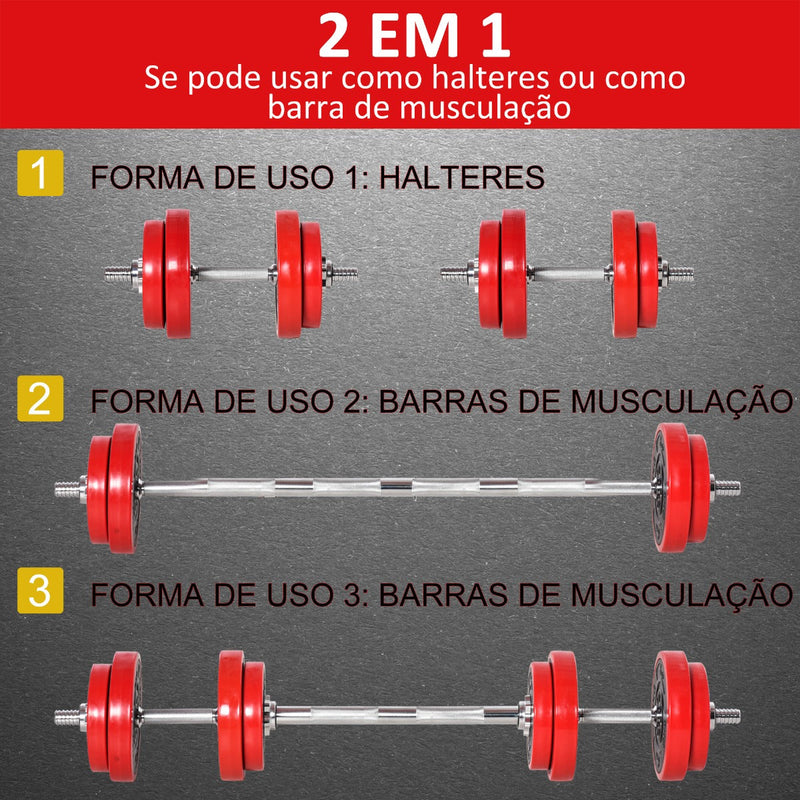 Conjunto de Halteres 20kg Ajustáveis 2 em 1 com 8 Discos 2 Barras e Extensor Ajustável para Treinamento de Força Levantamento de Pesos para Casa Academia Preto e Vermelho