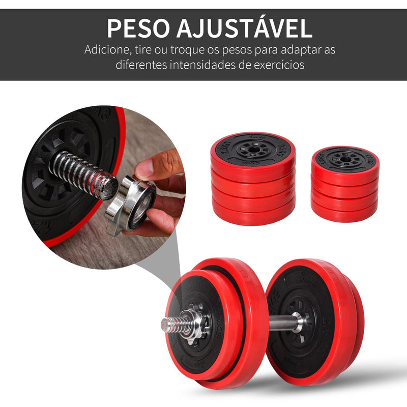 Conjunto de Halteres 20kg Ajustáveis 2 em 1 com 8 Discos 2 Barras e Extensor Ajustável para Treinamento de Força Levantamento de Pesos para Casa Academia Preto e Vermelho