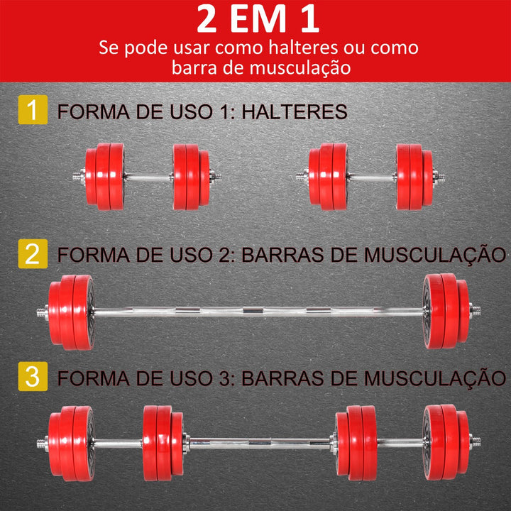 Conjunto de Halteres 30kg Ajustáveis 2 em 1 com Barras e Extensor para Treinamento de Força Levantamento de Pesos para Casa Academia Preto e Vermelho