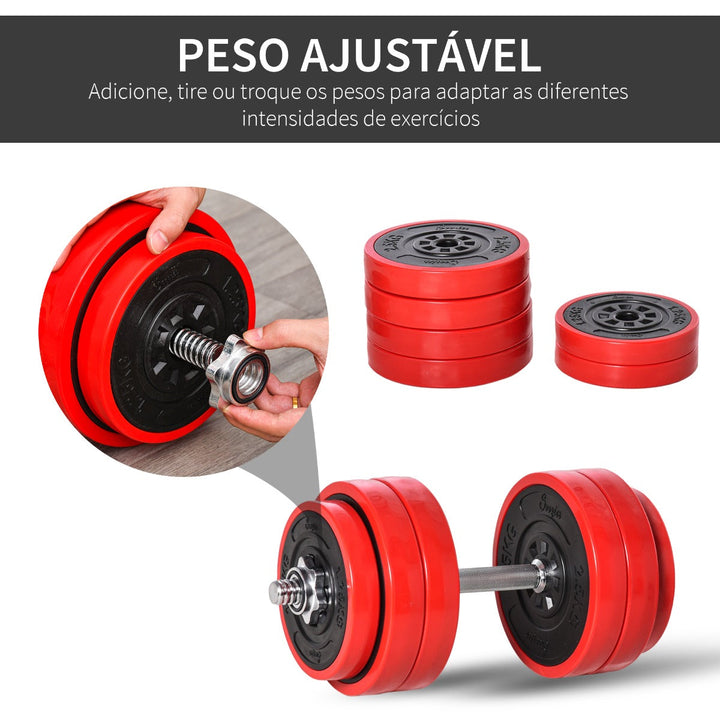 Conjunto de Halteres 30kg Ajustáveis 2 em 1 com Barras e Extensor para Treinamento de Força Levantamento de Pesos para Casa Academia Preto e Vermelho