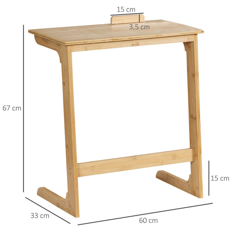 Mesa Auxiliar de Bambu Mesa em Forma de C com Bancada Abatível e Ângulo Ajustável 140-180° para Sala de Estar Dormitório 60x33x67cm Madeira