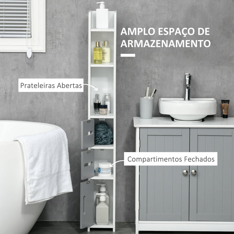 Coluna Casa de Banho com 3 Portas e 3 Prateleiras Abertas Coluna Auxiliar para Sala de Estar Casa de Banho Dormitório Estilo Moderno 15x17x120cm Branco e Cinza