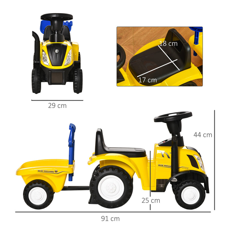 Trator para Crianças de 12-36 Meses com Reboque Removível Carro Andador com Buzina Farol Pá e Ancinho Carga 25kg 91x29x44cm Amarelo