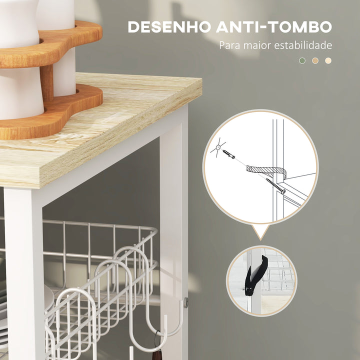 Estante de Cozinha Moderna Estante de Cozinha com 1 Cesto 4 Ganchos em S 6 Pés com Almofadas Ajustáveis e Prateleiras 90x40x84,5 cm Carvalho e Branco