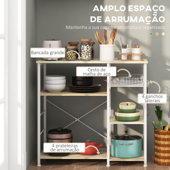 Estante de Cozinha Moderna Estante de Cozinha com 1 Cesto 4 Ganchos em S 6 Pés com Almofadas Ajustáveis e Prateleiras 90x40x84,5 cm Carvalho e Branco