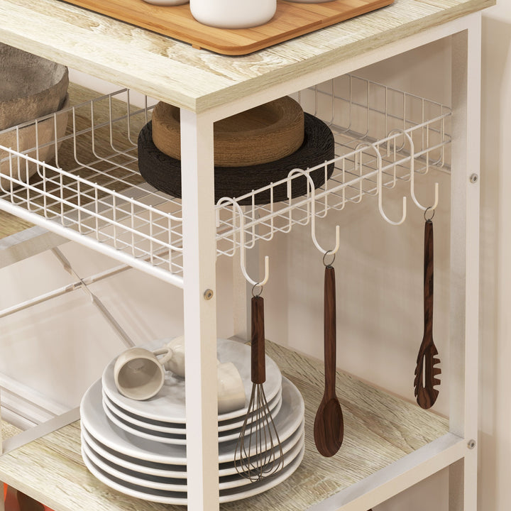 Estante de Cozinha Moderna Estante de Cozinha com 1 Cesto 4 Ganchos em S 6 Pés com Almofadas Ajustáveis e Prateleiras 90x40x84,5 cm Carvalho e Branco