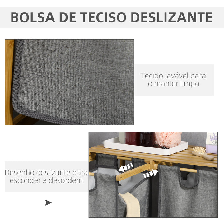 Cesto de Roupa de Bambu Cesto de Roupa Suja para Lavandaria com 2 Bolsas Amovíveis e Prateleira para Dormitório Casa de Banho Lavandaria 63,5x33x73 cm Madeira e Cinza