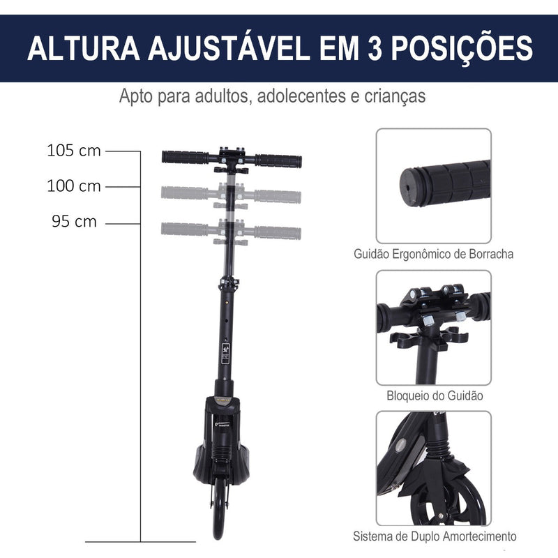 Trotinete Dobrável para Adultos e Crianças acima de 14 anos Guidão com Altura Ajustável Freio Rodas Grandes Carga 100kg 93,5x38x95-105cm Preto