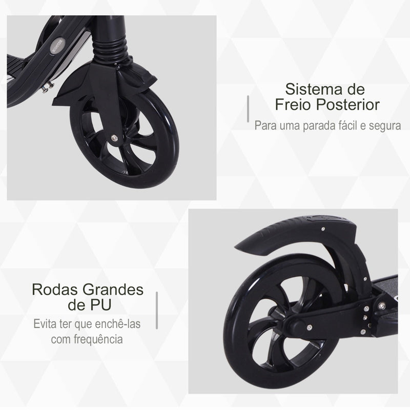 Trotinete Dobrável para Adultos e Crianças acima de 14 anos Guidão com Altura Ajustável Freio Rodas Grandes Carga 100kg 93,5x38x95-105cm Preto