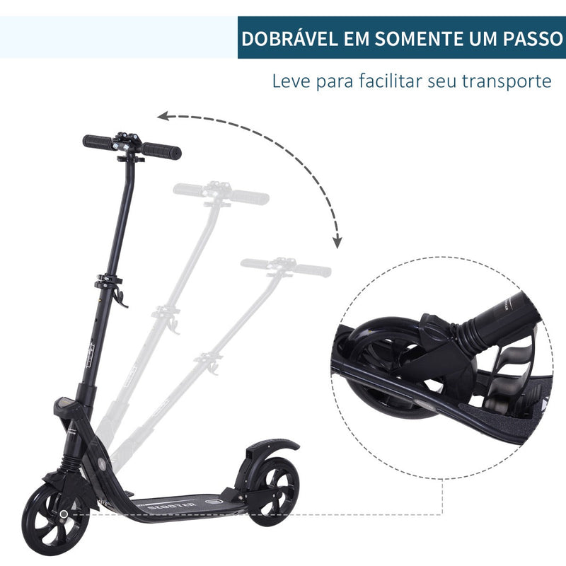 Trotinete Dobrável para Adultos e Crianças acima de 14 anos Guidão com Altura Ajustável Freio Rodas Grandes Carga 100kg 93,5x38x95-105cm Preto