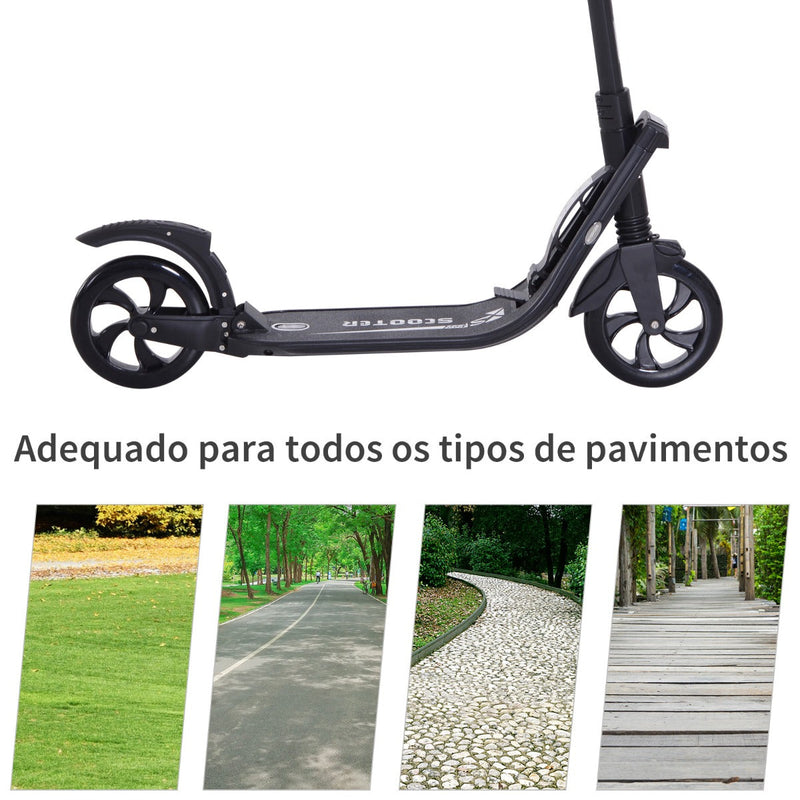 Trotinete Dobrável para Adultos e Crianças acima de 14 anos Guidão com Altura Ajustável Freio Rodas Grandes Carga 100kg 93,5x38x95-105cm Preto